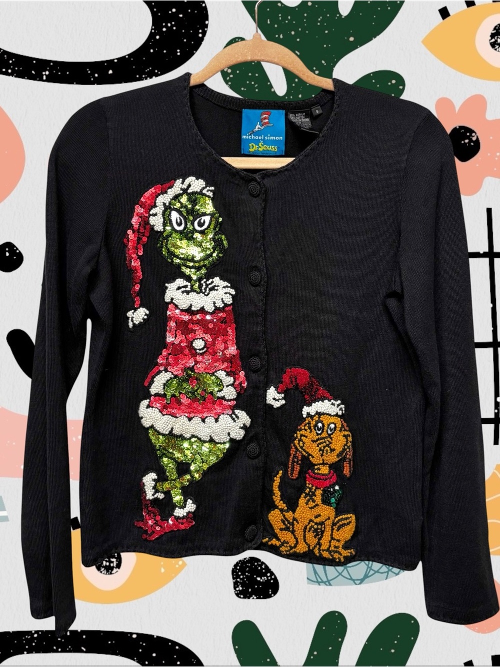 Michael Simon for Dr. Seuss | Vintage The Grinch Sequin Embroidered Cardigan